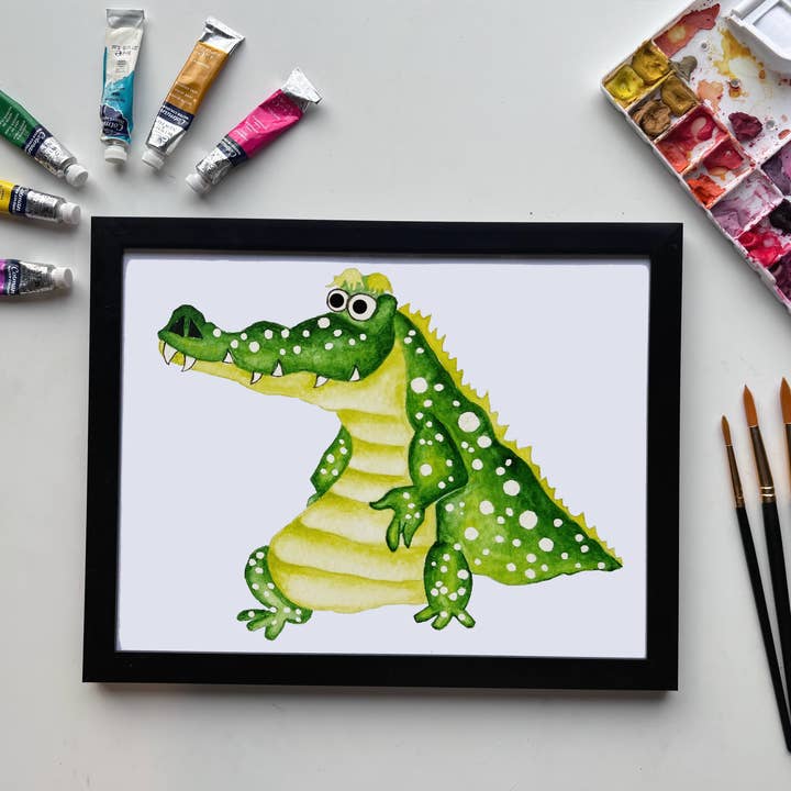 Impression d'alligator tacheté – Art aquarelle de reptile fantaisiste pour la vente par Owlfeathers Watercolor