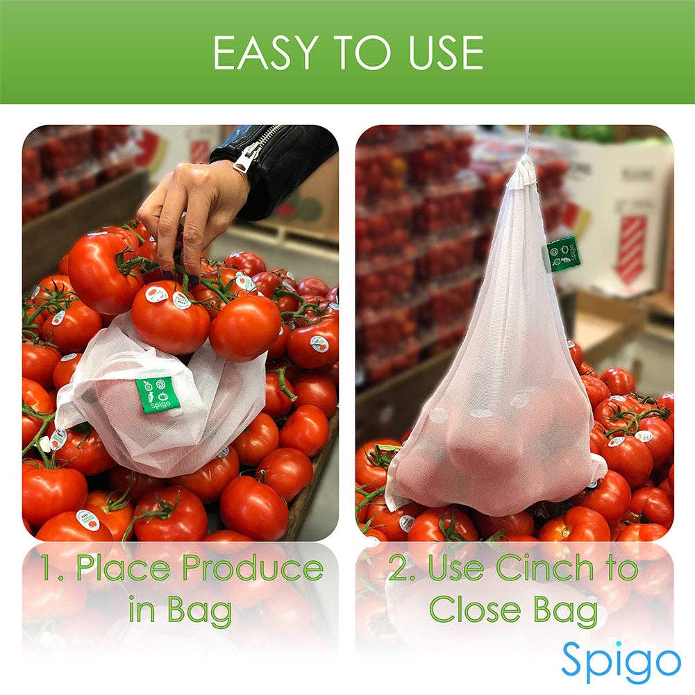 ShopBobbys - Vente Sacs de course/à provisions - Sacs à fruits et légumes en maille réutilisables et lavables Spigo, 5 unités, 12 x 14 pouces2