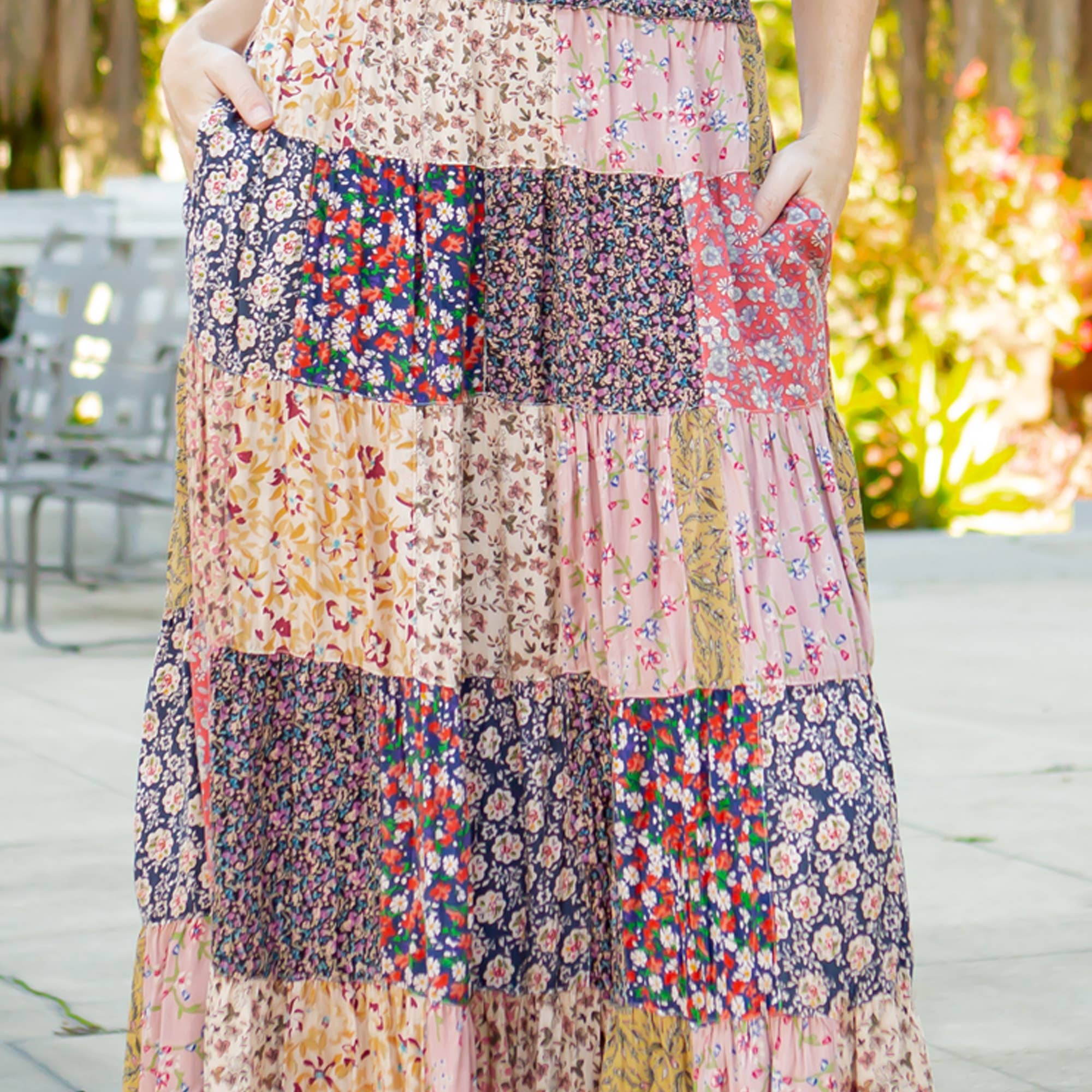 Young Threads - Wholesale Skirt - Women's - Artisan Boho Mixed Print Tiered Patchwork Maxi Skirt (NEW)6