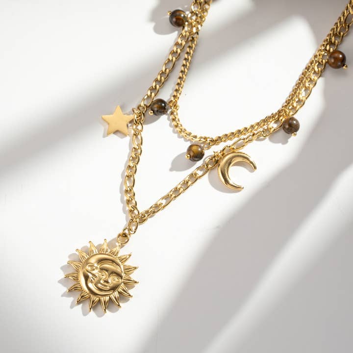 COSMOS - Wholesale Pendant/Charm Necklace - Gold multi-charm necklace sun moon star tiger's eye1