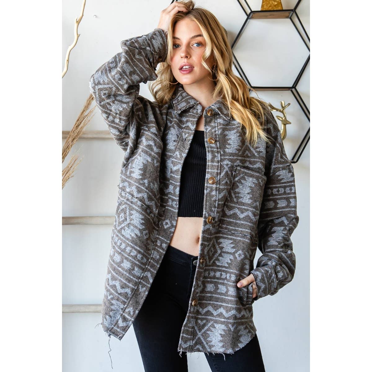 Grey Oilve Oversize Aztec Long Fit Jacket for wholesale on Faire3