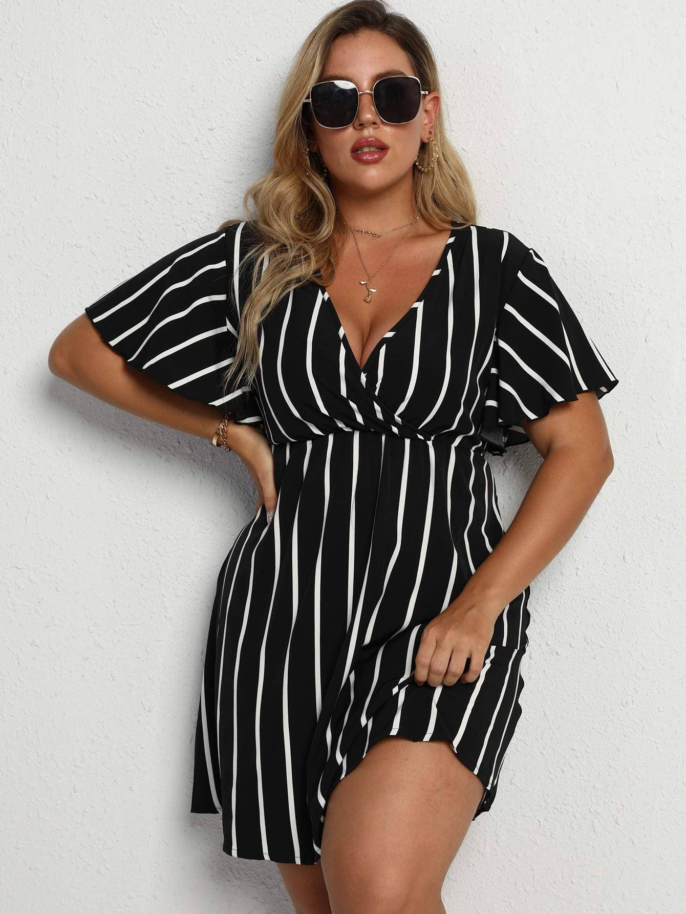 Flarix - Wholesale Dress - Women's - plus striped surplice neck a line dress3