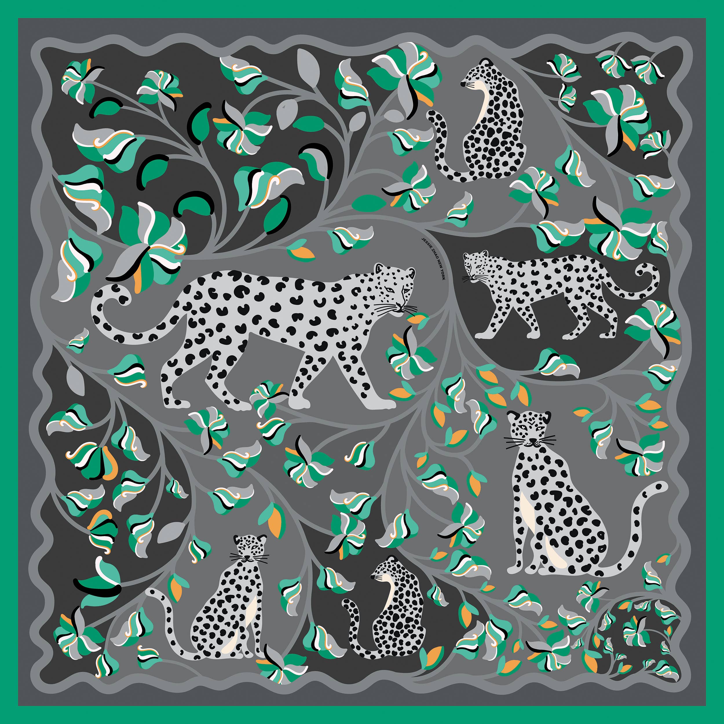 Jessie Zhao New York - Vendita all'ingrosso Sciarpa - Donna - Sciarpa di seta bifacciale con leopardi nella natura verdeggiante1