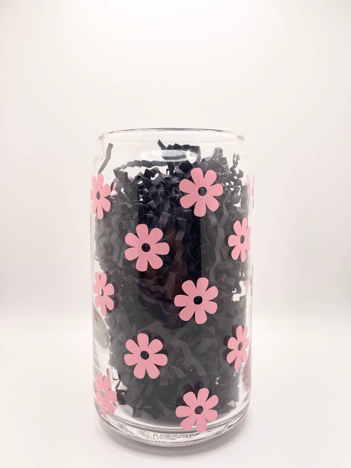 Pink Retro Blomster, Blomster Dåse Glas Cup, Libbey Glas for engroshandel hos Jeanne Mari & Co