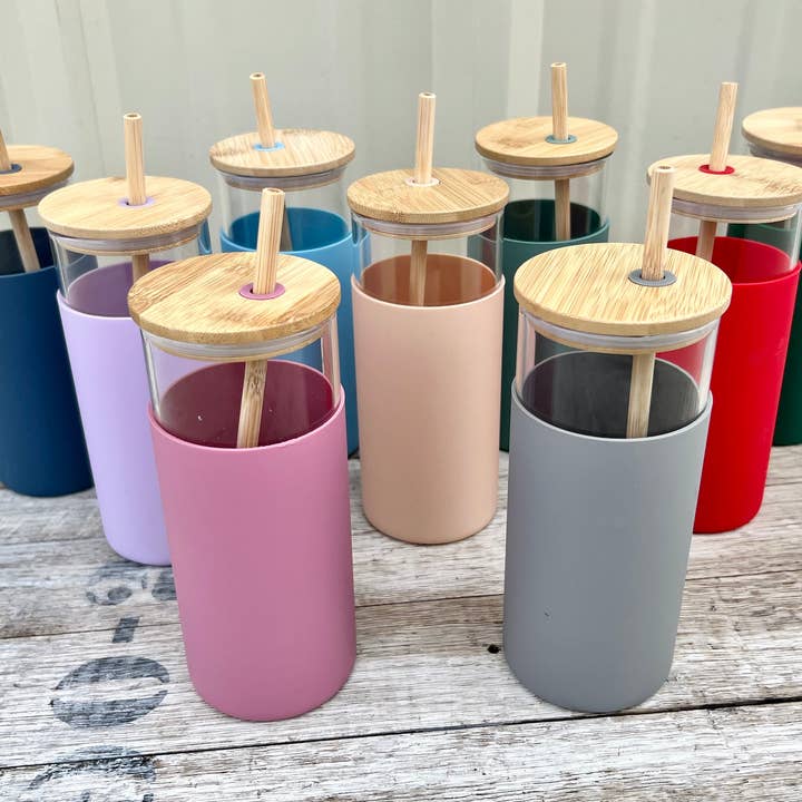 KW Custom Creations - Wholesale Drinking Glass/Cup - DISCONTINUED: Glass Tumbler w/Silicone Sleeve + Bamboo Lid/Straw