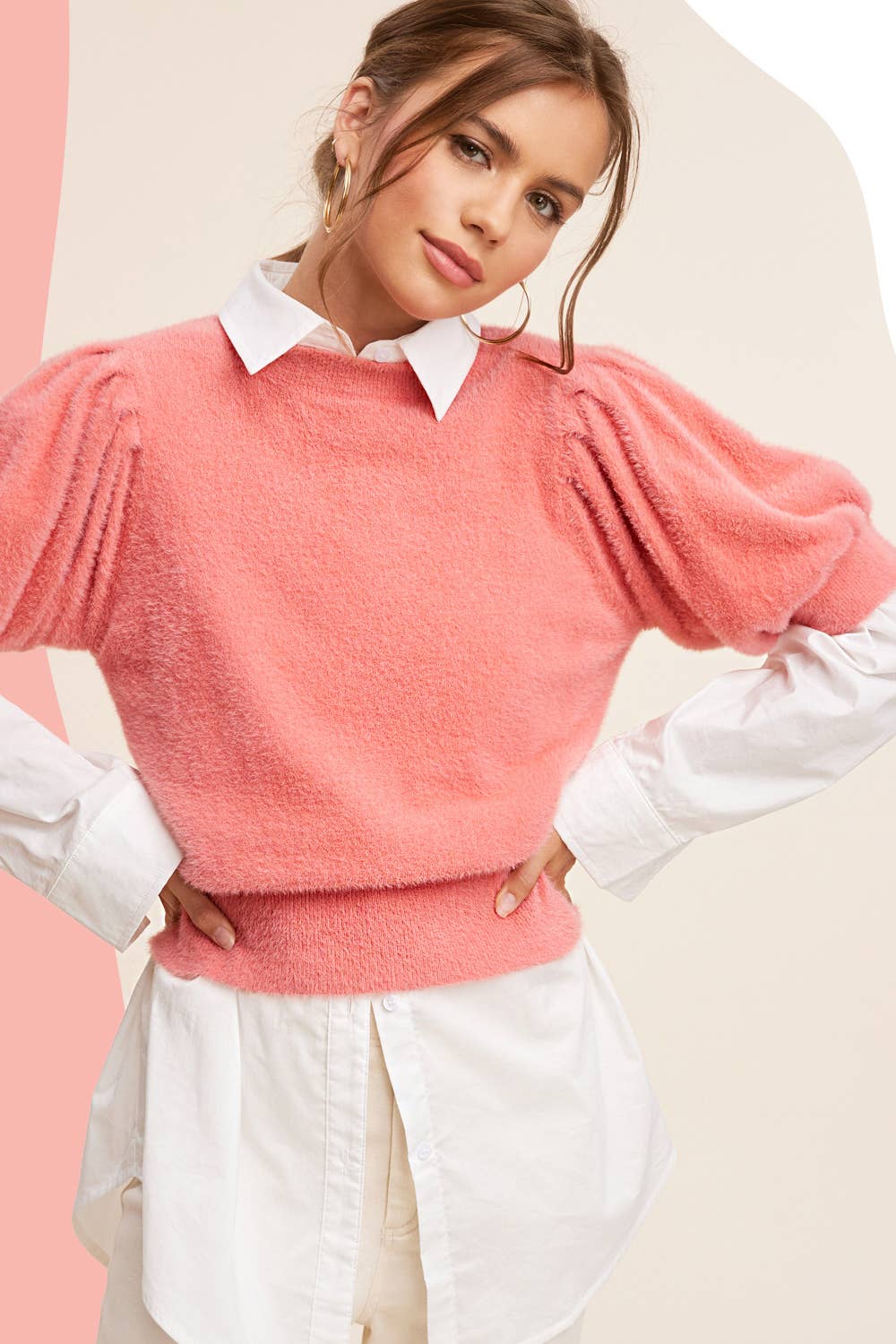 La Miel - Wholesale Blouse - Women's - JCS3554-Soft Mohair Puff Short Sleeve Knit Top15