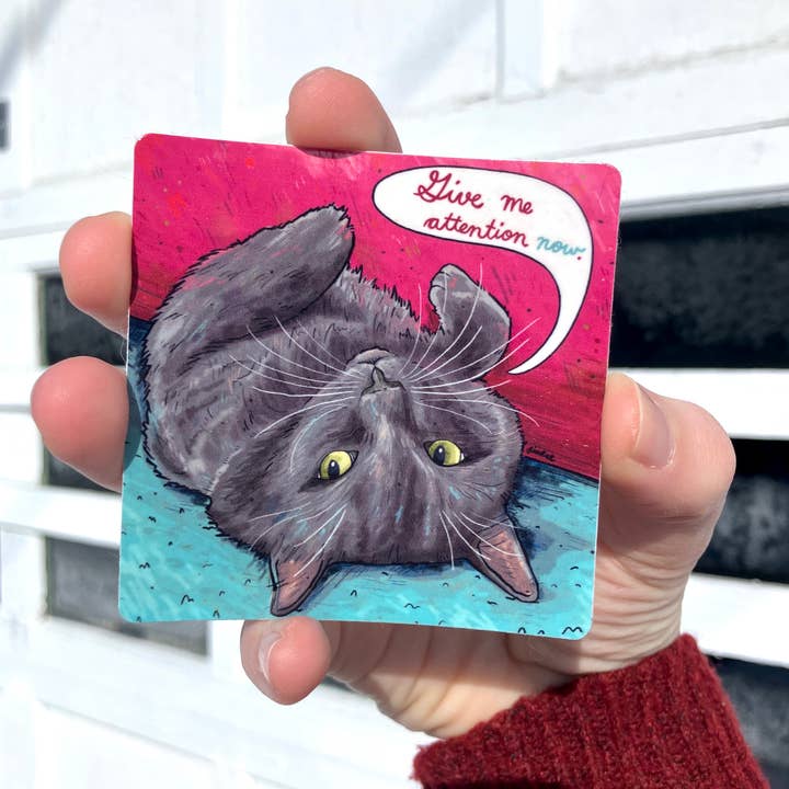Give Me Attention Now, Dark Gray Cat, Premium Vinyl Sticker for wholesale by Art Fimbel