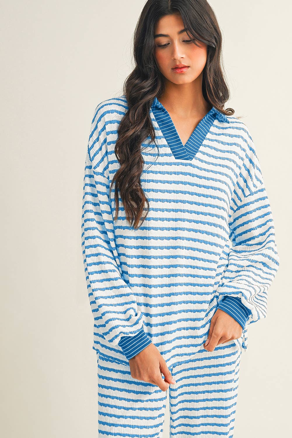 Little Daisy Closet - Wholesale Lounge Set - Women's -  LDC Stripe Collared Pullover Top and Drawstring Pant Set8