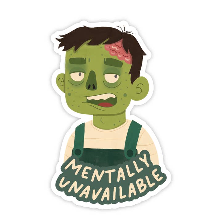 Mentally Unavailable Zombie - Spooky Overwhelmed Vinyl Sticker for wholesale by Simple Whimsy
