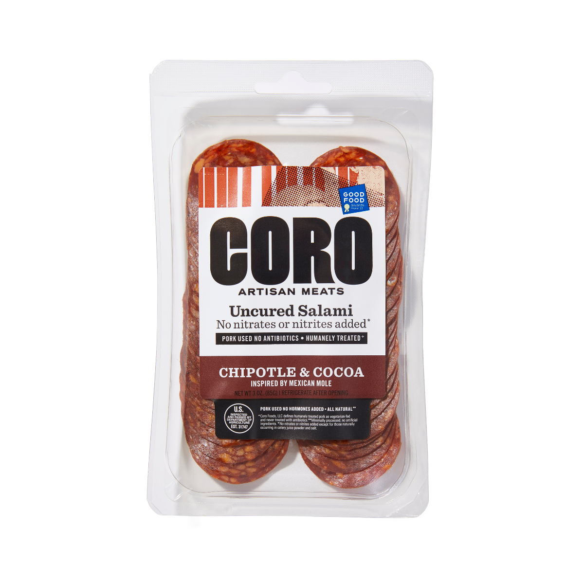 Coro Foods - Wholesale Salami - Sliced Pack Uncured Chipotle & Cocoa (Mole) Salami1