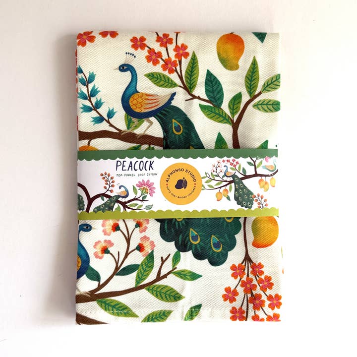 Designer cotton tea towel peacock and mango handmade artwork for wholesale by Alphonsostudio