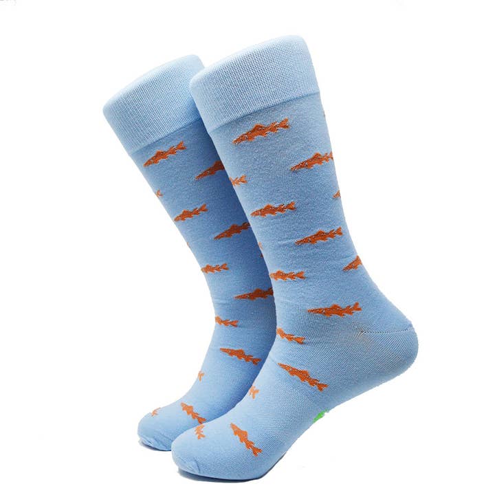 Trout Socks - Orange on Light Blue - Men's Mid Calf for wholesale by SummerTies