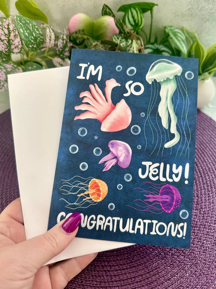 Funny Jellyfish Congratulations Card for wholesale by Meghann Lynne Designs