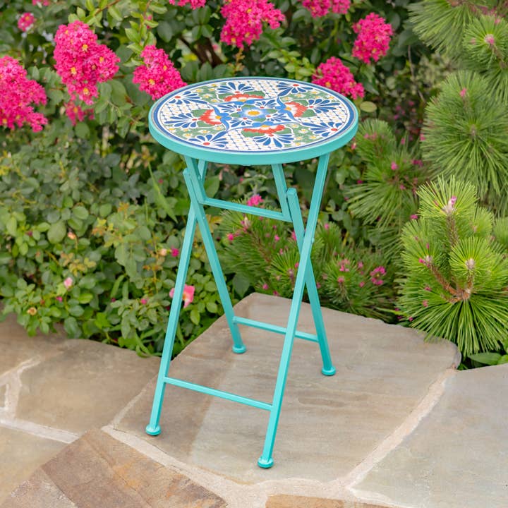 Zaer Ltd. International - Wholesale Plant Pot Stand - "Baton Rouge" 23in Tall Mosaic Folding Plant Stand - Teal