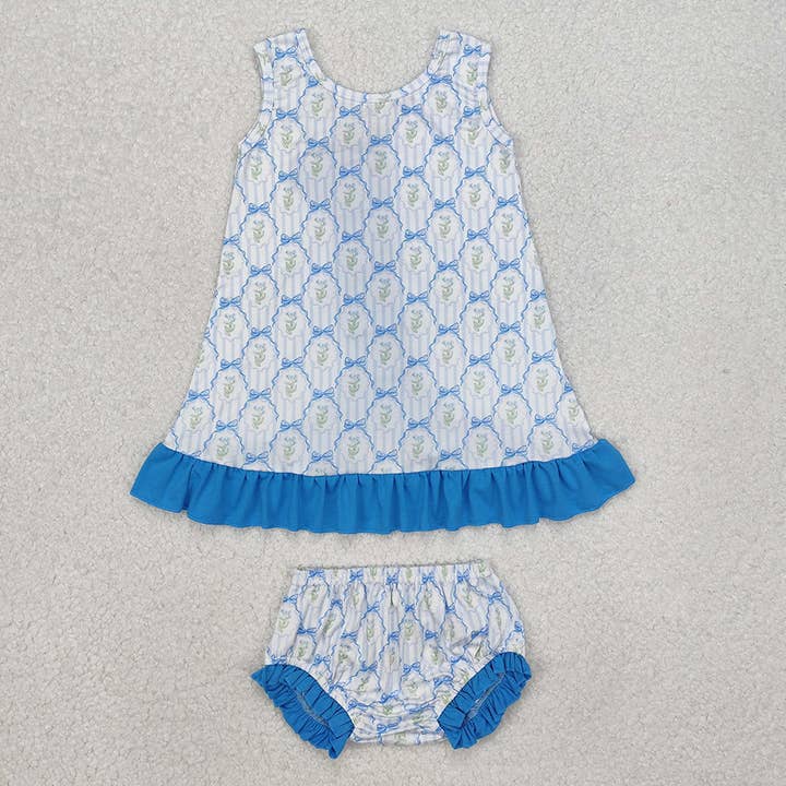 Baby Girls Blue Bows Ruffle Top Bummies Clothes Sets for wholesale by Aier Wholesale
