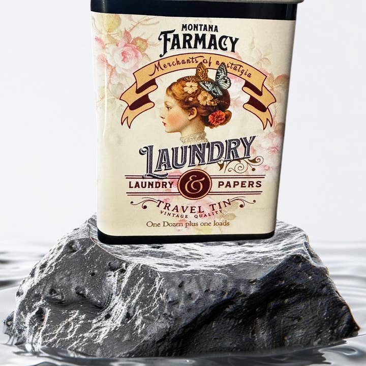 Montana Farmacy - Wholesale Laundry detergent powder/pods - Vintage Mercantile Travel Tin of Laundry Soap Papers Antique1