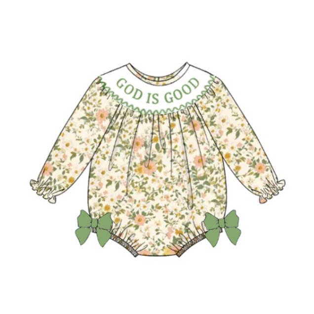 Auraquise - Wholesale Bodysuit (Non-Footed) - Baby - Baby Girls Fall "GOD IS GOOD" Smocked Embroidery Floral Romper1
