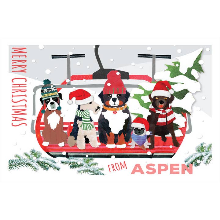 "Aspen Merry Christmas Doggie Chairlift" – Holiday Postcard for wholesale by Lilybart LLC