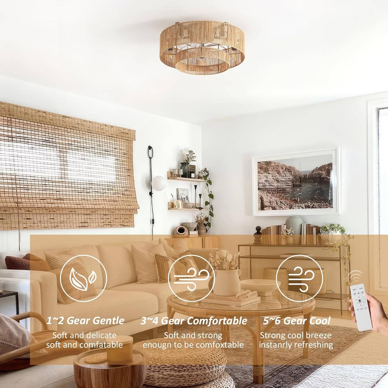 20 Inch Boho Rattan Ceiling Fan With Light And Remote for wholesale on Faire5