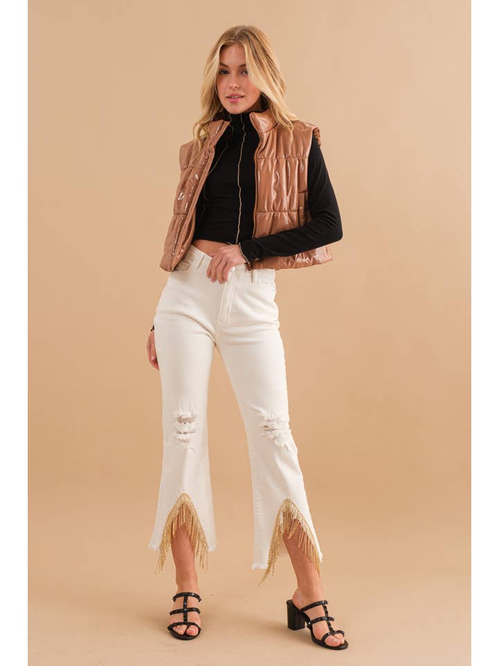 Blue B - Wholesale Outerwear Vest - Women's - 22656J - Gloss Shiny PU Quilted Puffer Zip Up Crop Vest34