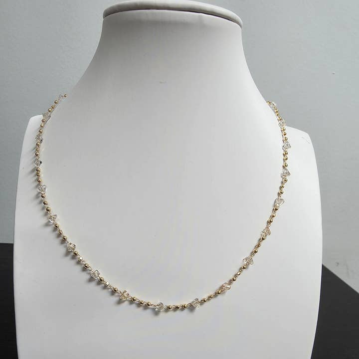 Simply Jewels - Wholesale Link & Chain Necklace - Dainty Clear CZ Satellite Gold Chain Necklace 16 inch CDESIGN-004120