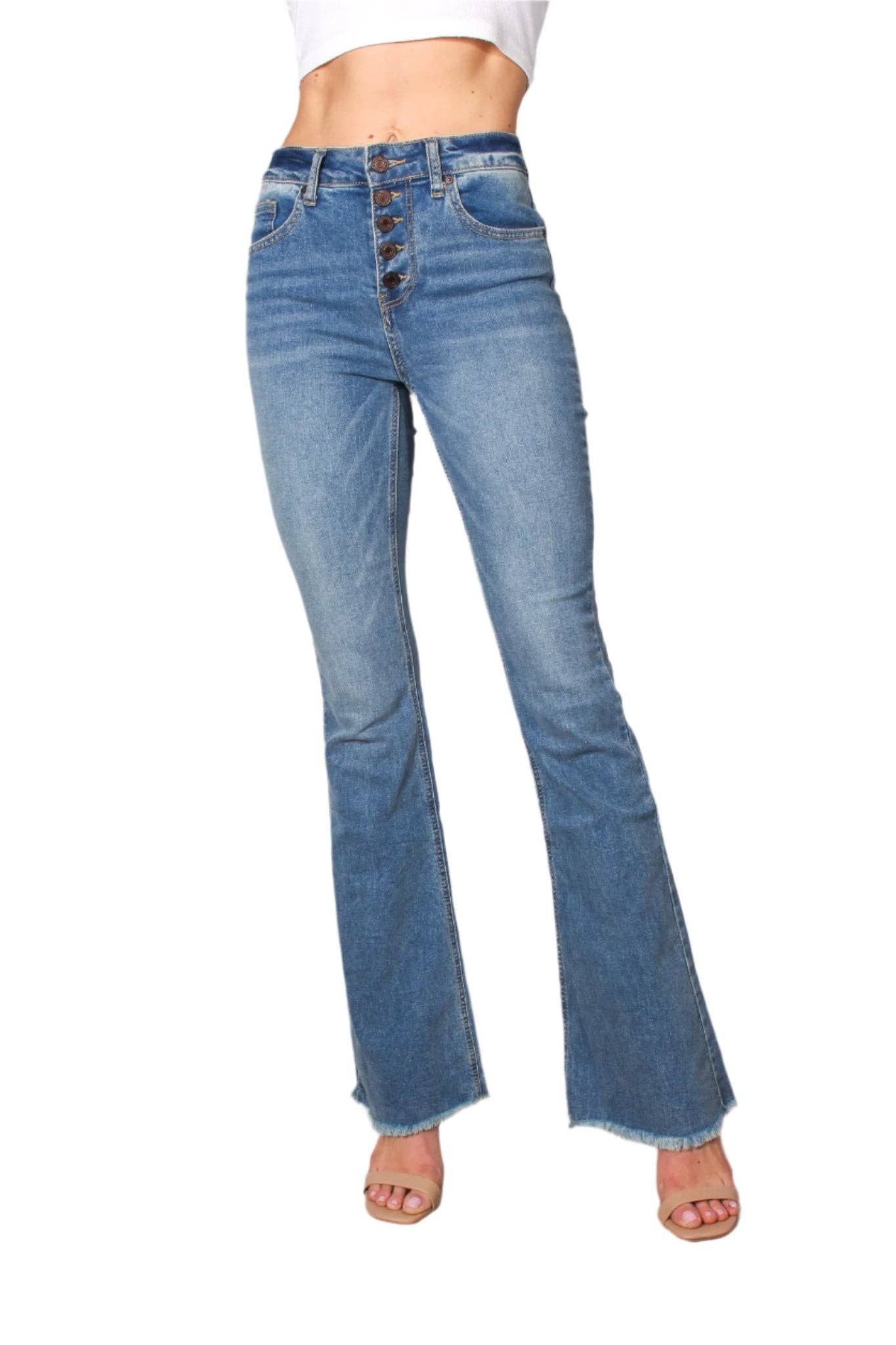 Good Stuff Apparel - Wholesale Jeans - Women's - Women's High Waist Five Buttons Raw Hem Flare Jeans2
