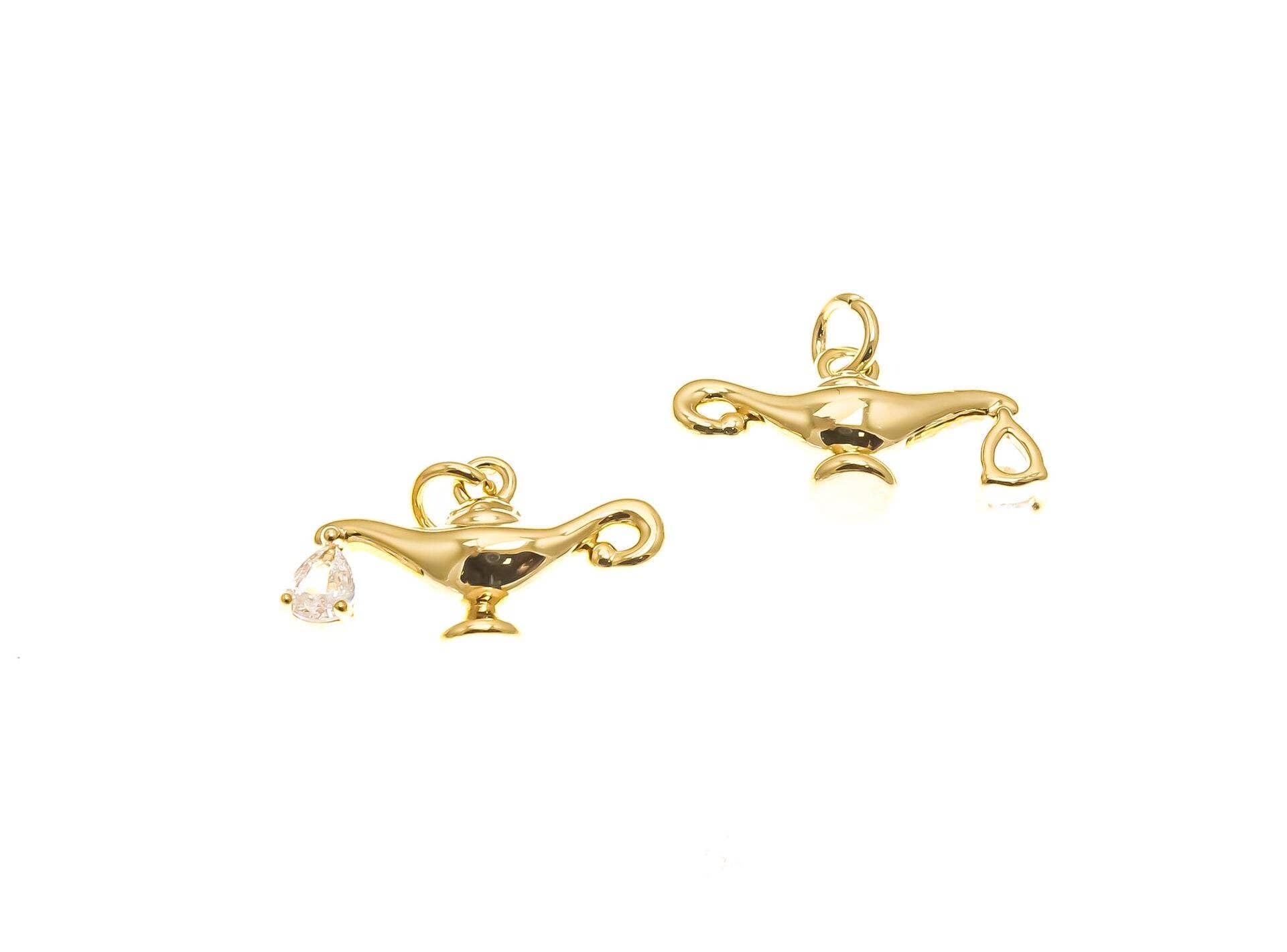 Jewel Pledge - Wholesale Individual Charm/Pendant - 18k Gold CZ Genie Lamp Charm with Clear CZ Dangle2