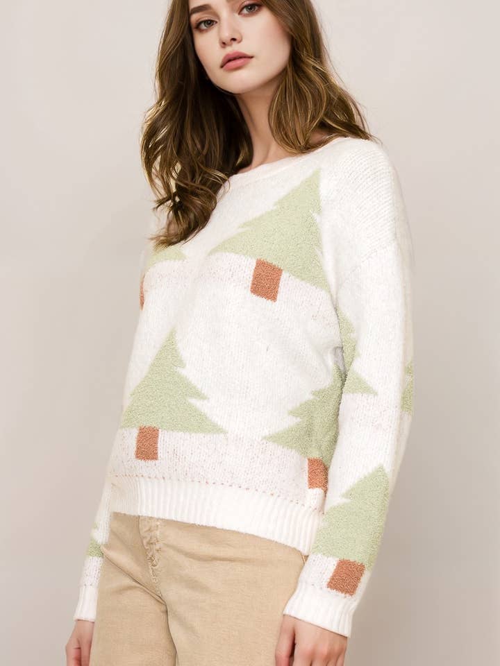 IVORY 11050L108I - REGULAR SIZE - CHRISTMAS TREE PRINT SWEATER for wholesale on Faire