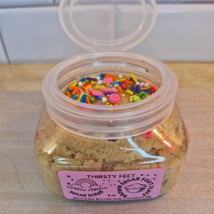 THIRSTY FEET™️ – wholesale Foot scrub/polish – Rainbow Confetti Brown Sugar Foot Fluff Sugar Scrub 8 oz Jar0