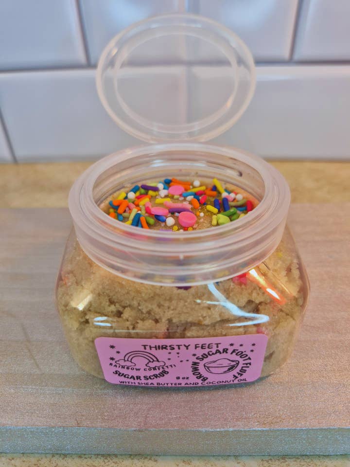 Rainbow Confetti Brown Sugar Foot Fluff Sugar Scrub 8 oz Jar for wholesale by THIRSTY FEET™️
