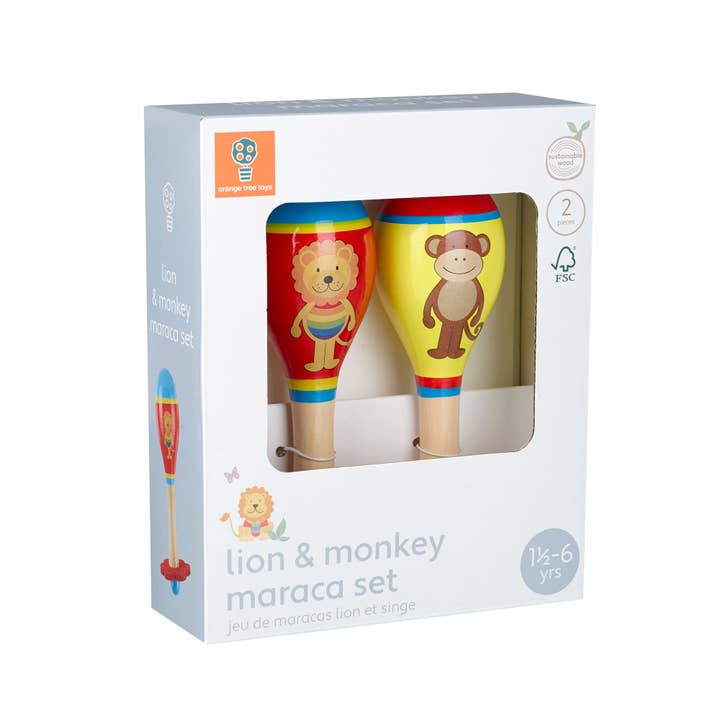 Orange Tree Toys – Großhandel Musikspielzeug – Kind & Baby – Maraca-Set „Löwe & Affe“ aus Holz4