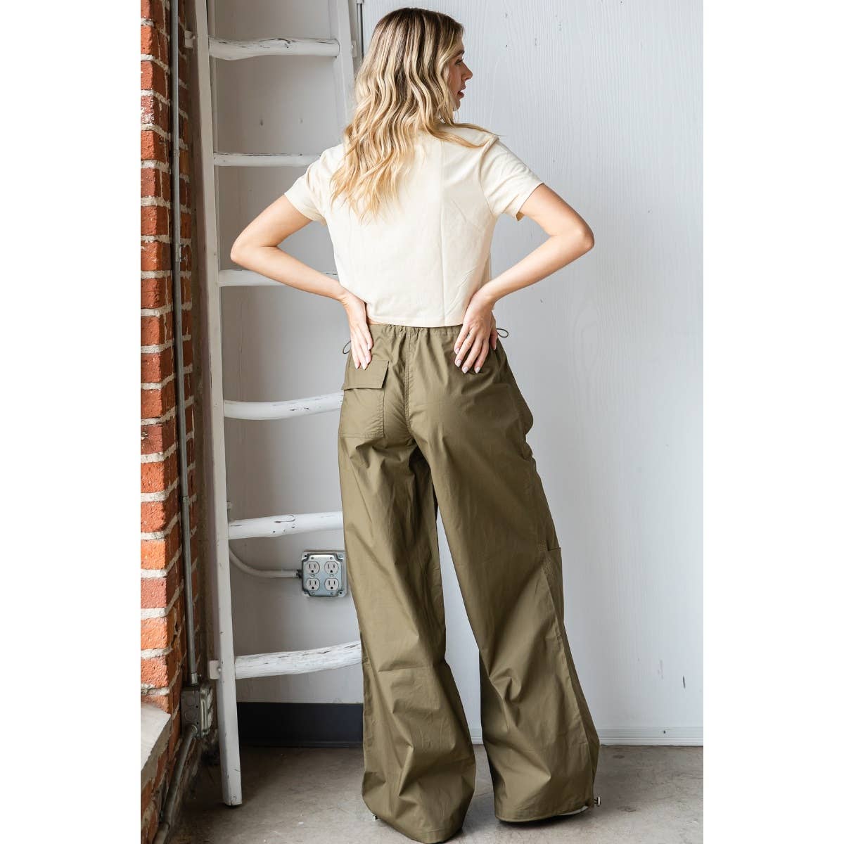Olive Wide Fit Drawstring Parachute Pants for wholesale on Faire11