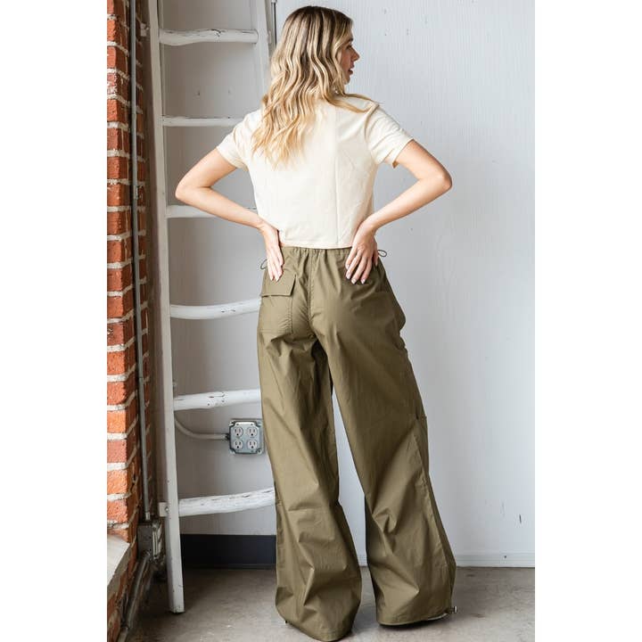 Olive Wide Fit Drawstring Parachute Pants for wholesale on Faire11