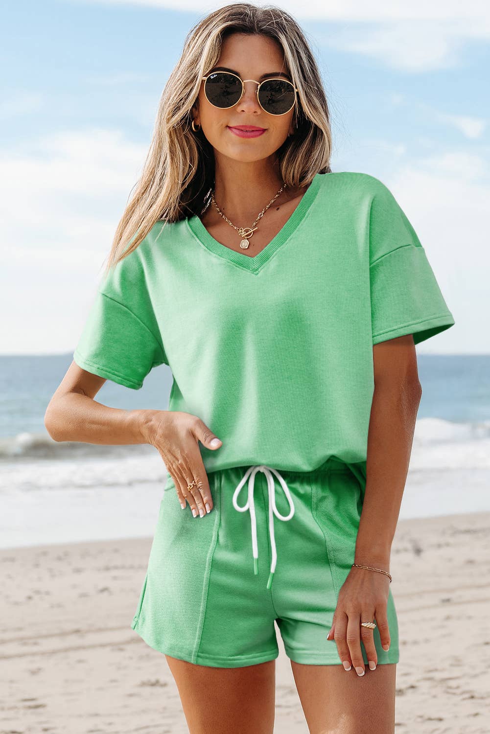 Aapparella - Wholesale Lounge Set - Women's - Comfy V Neck Tee & Pockets Shorts Set | S-XL1
