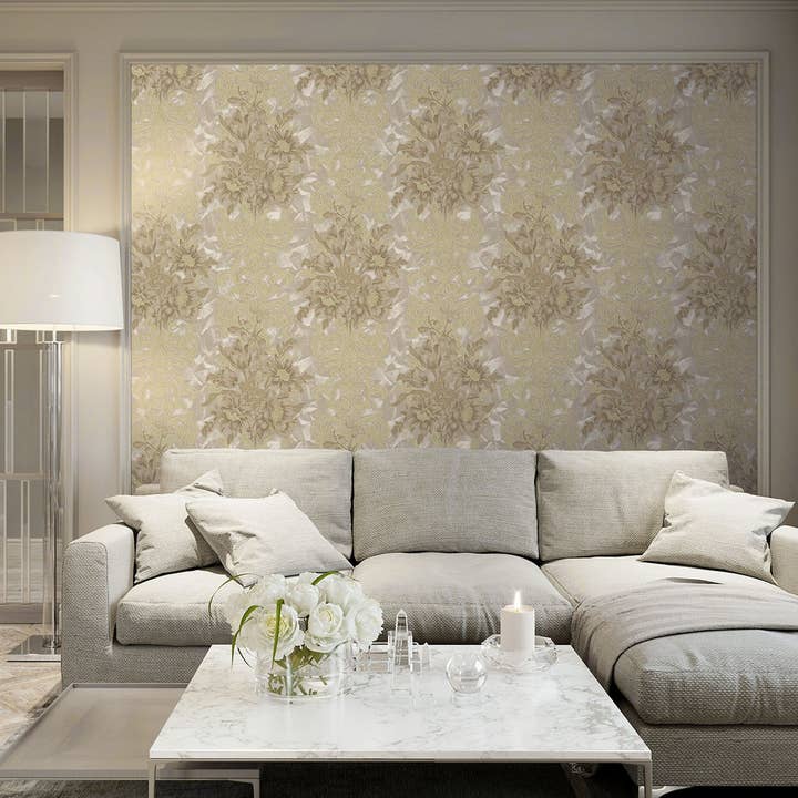Moderne reliëf gestreept grijs-groen gebloemd behang, woondecoratie, esthetisch behang, gestructureerde wandbekleding niet-klevend en niet-afpelbaar voor wholesale door Walloro Luxury Embossed Wallpaper