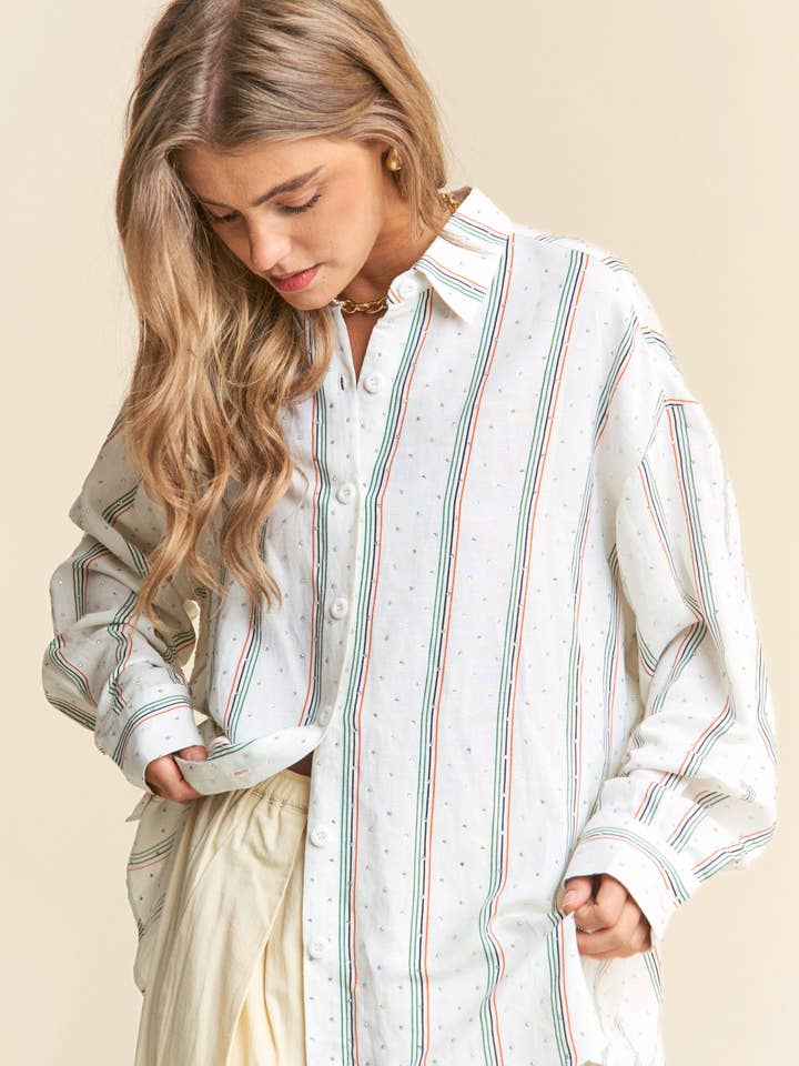 Striped Pattern Bejeweled Blouse S-L / 1X-3X for wholesale by J.NNA