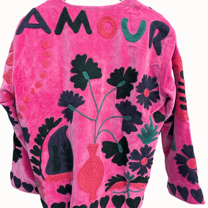 AMOUR Kimono Suzani de Terciopelo Rosa Bordado Chaqueta Boho para venta al por mayor de Twinflower