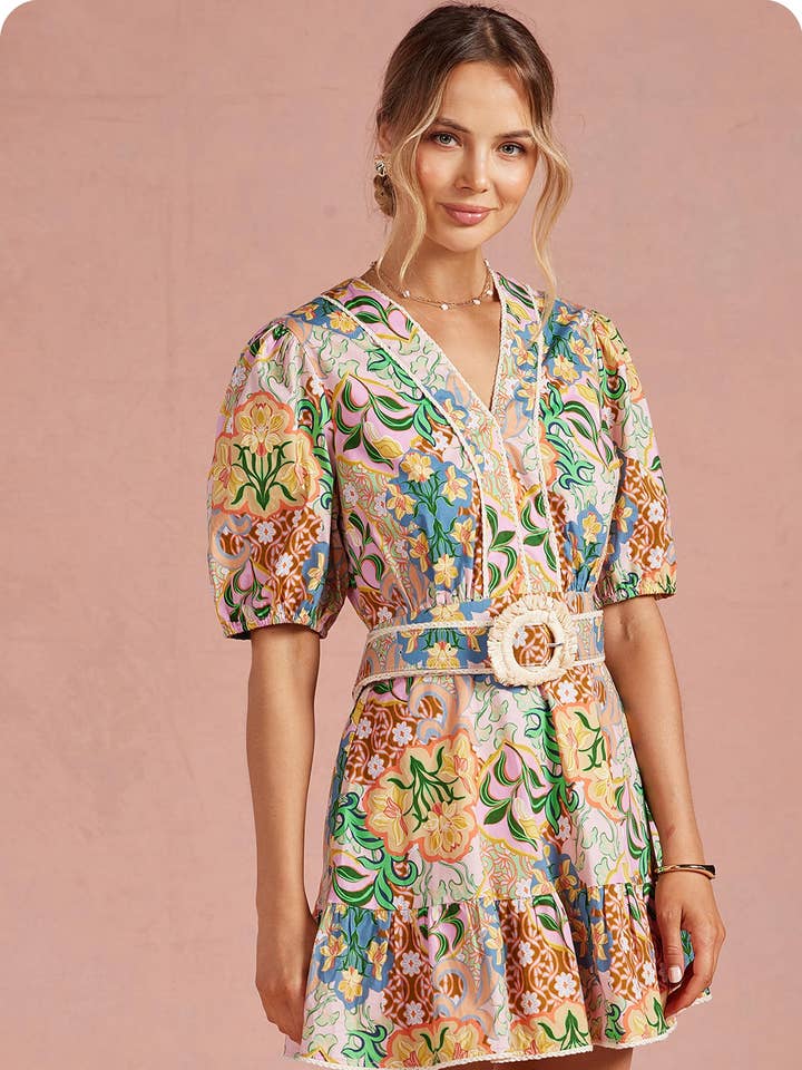 Robe Mini en Coton à Manches Bouffantes Ceinturée pour Garden Party pour la vente par Strut & Bolt