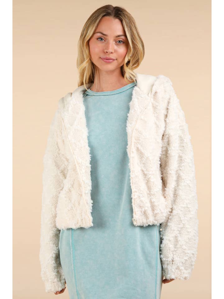 VERY J - Wholesale Jacket - Women's - NJ90342-Oversized Fuzzy Fur Textured Knit Hoodie Jacket