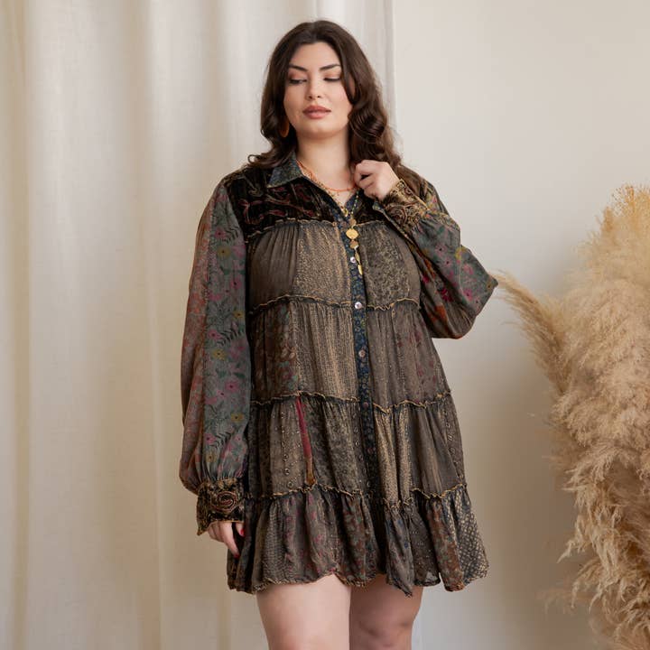 Young Threads - Wholesale Dress - Women's - Artisan Embroidered Jhabla Shirt Dress in Mixed Motifs PLUS12