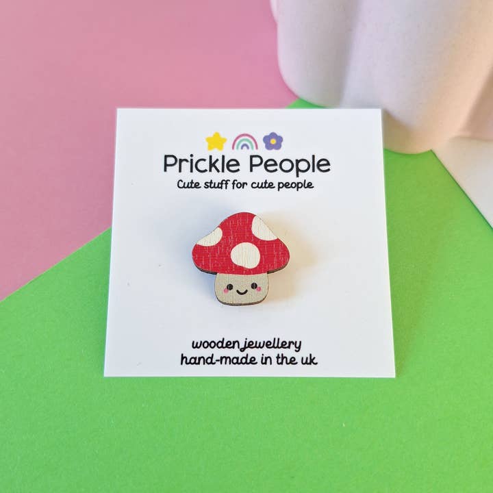 Mushroom Pin Brooch made from Eco Wood - cottage core for wholesale by Prickle People