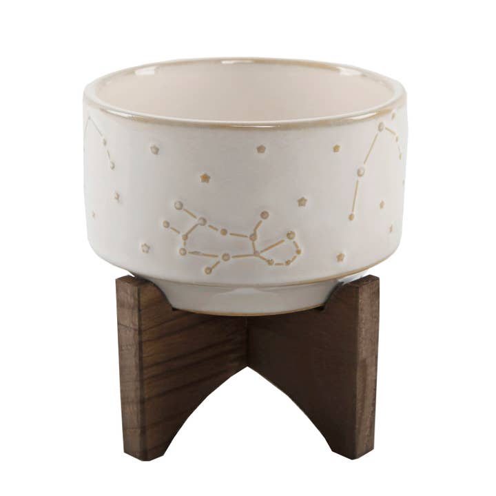 Constellation Keramische Mini Pot op Houten Standaard – 4,75” voor wholesale door Flora Bunda Inc