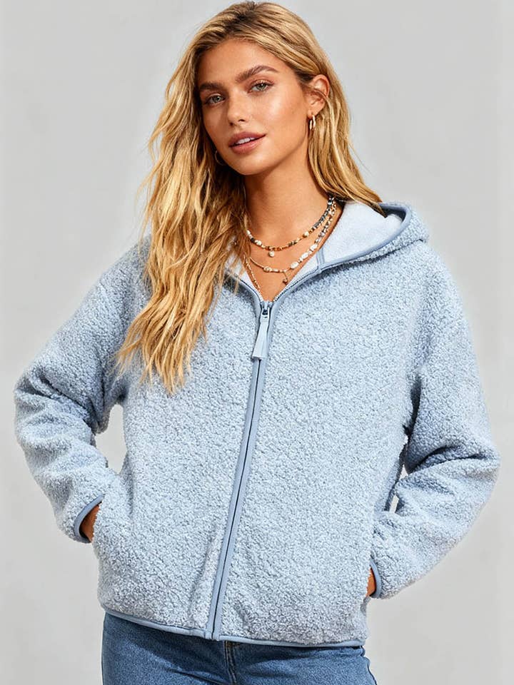 Damen Flauschige Kapuzenkragen Reißverschluss Front Fleecejacke für den Großhandel von Sweetkama