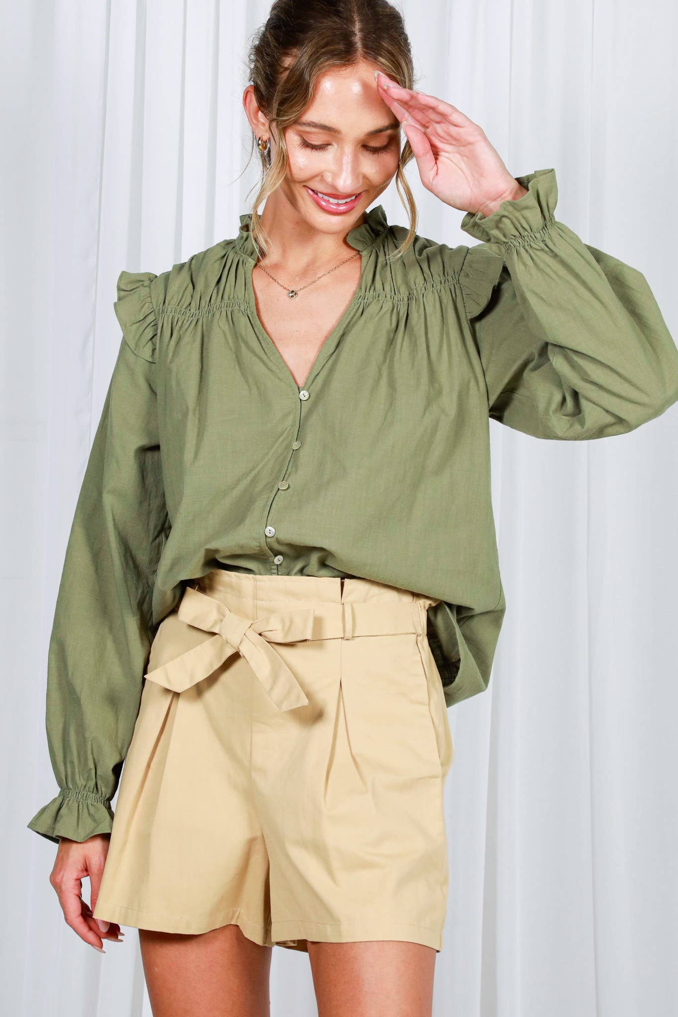 Vine & Love - Vente Chemisier – femme - Blouse à manches longues bouffantes avec col en V à volants 100 % coton VT8231519