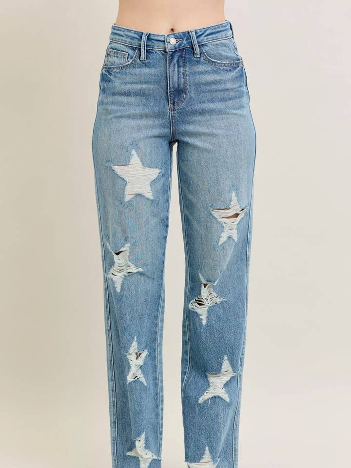 Judy Blue Full Size High Waist Rigid Magic Star Shaped Destroy 90's Straight Jeans Plus Size for wholesale by Garden Naked