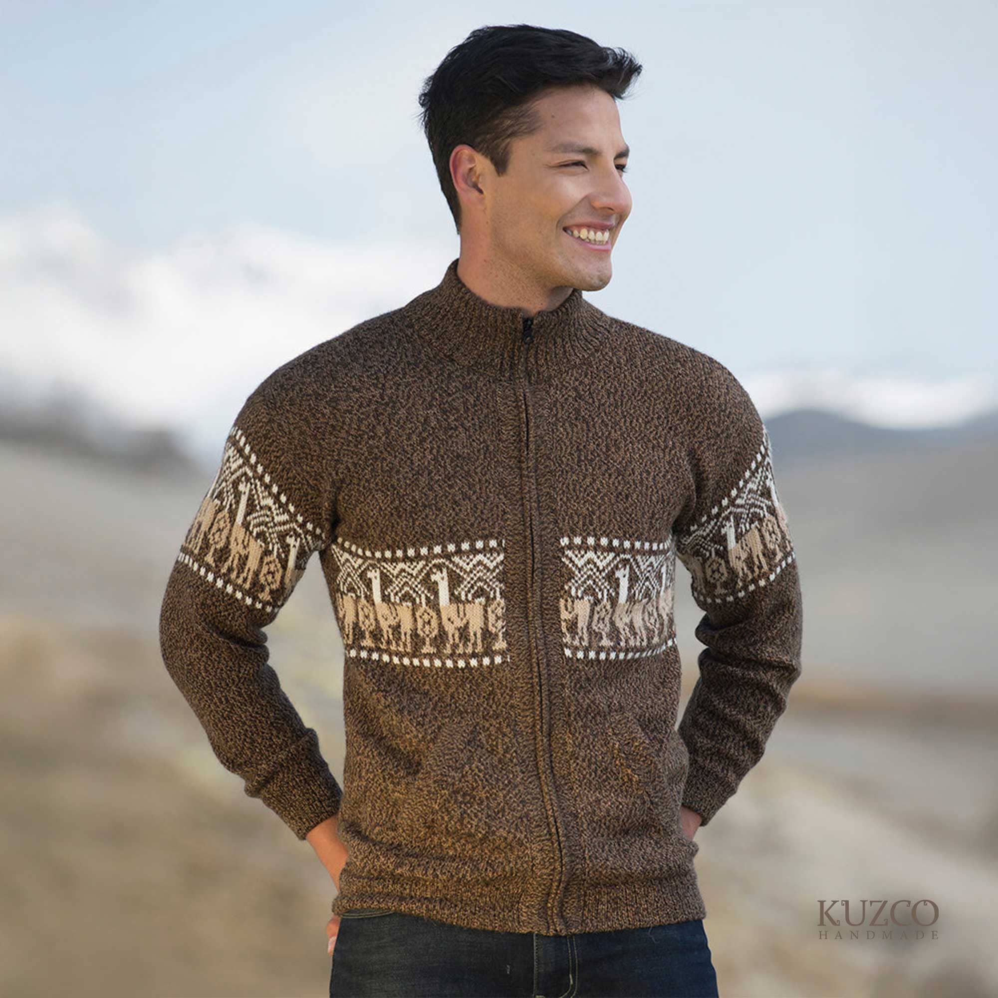 KuzcoHandmade - Wholesale Cardigan - Men's - Men's Alpaca Wool Zip Cardigan with Andean Pattern