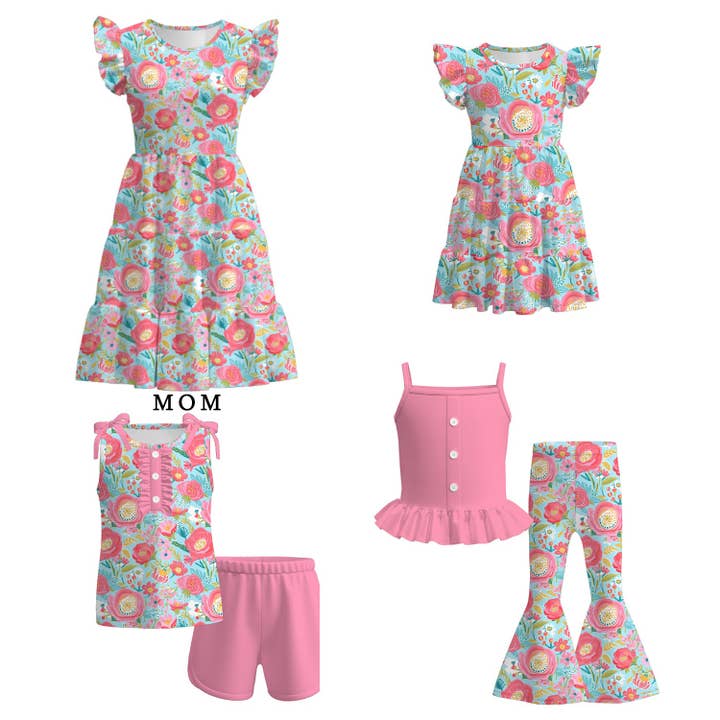 Mommy And Me Summer Coral Blue Floral Matching Dress Set for wholesale by Auraquise