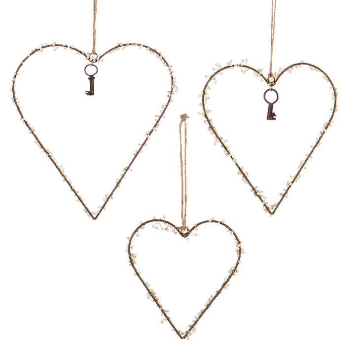 Gerson Set of 3 Metal Hearts with Beads and Jute Hanger. LG: for wholesale by The Gerson Companies
