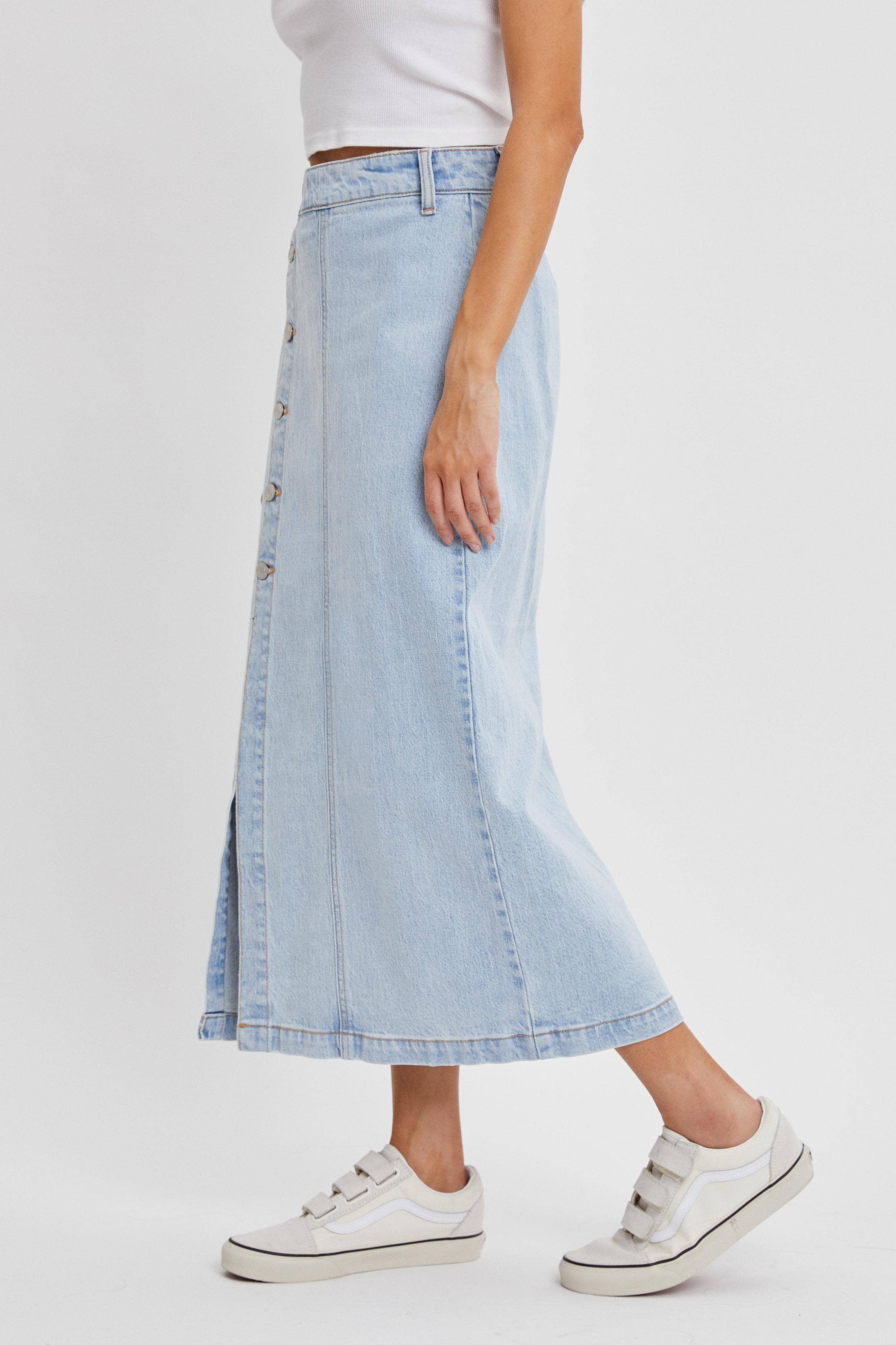 Cello Jeans - Wholesale Skirt - Women's - High Rise Denim Midi Skirt with Button Up Slit [WV59181SLT]2