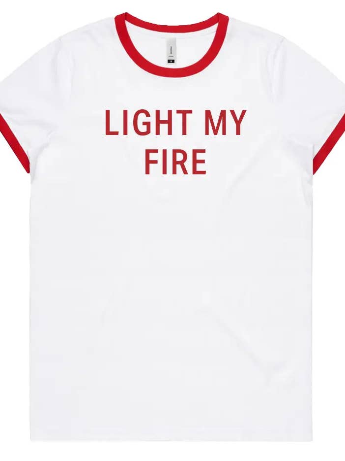 "Light My Fire" Women's Ringer T-Shirt for wholesale by Amp'd Apparel Company